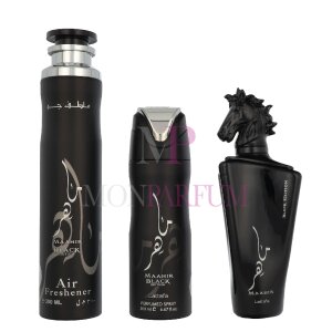 Lattafa Maahir Black Edition Geschenkset Eau de Parfum 100ml/Deo Spray 200ml/Air Freshener 300ml